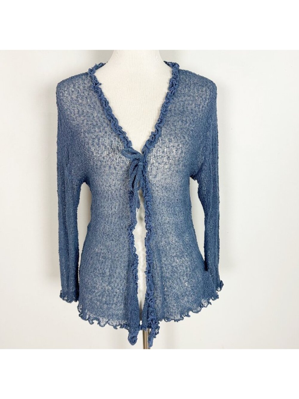 Women's Blue Sheer Knit Mesh Cardigan Sweater Boho Layer Fall Size Large